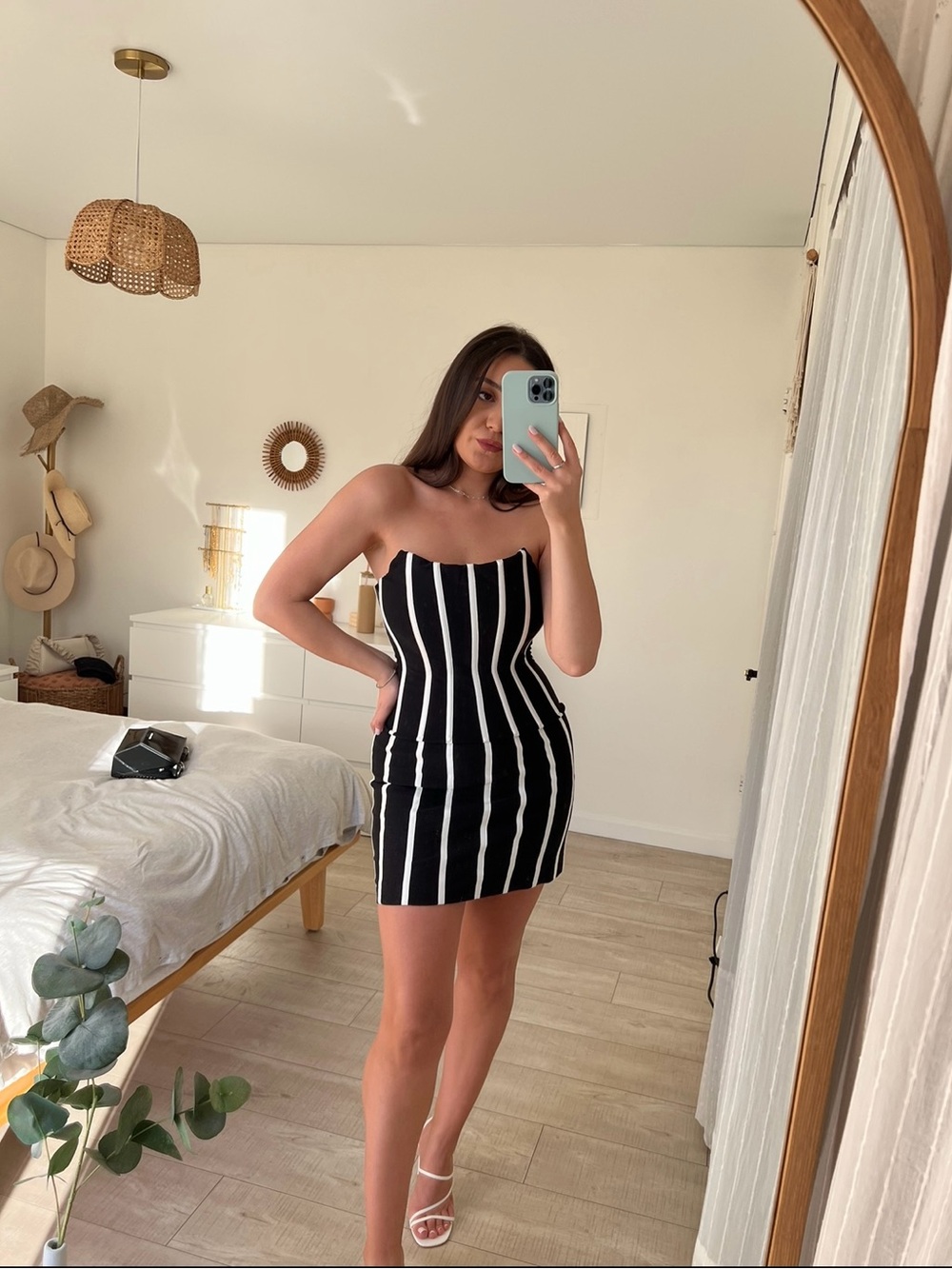 Strapless Black & White Vertical-Stripe Mini Dress - MISHA dress from Revolve- S